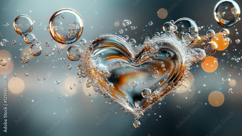 Poster bubbles rising around a heart-shaped glass object abstract art indoor setting captivating visuals cl