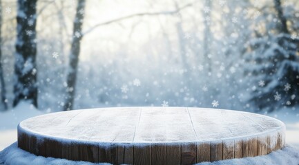 Winter Wonderland Tabletop: A rustic wooden tabletop, dusted with snow, sits invitingly in the foreground, with a softly blurred winter forest scene in the background. Snowflakes gently fall.
