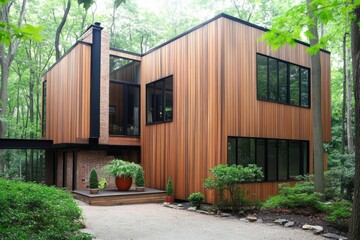 Fototapeta premium Modern wooden house surrounded by lush greenery in a serene forest setting, showcasing large windows and stylish architecture in the daylight hours