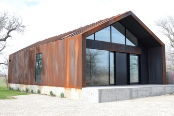 Fototapeta premium The contemporary metal architecture beautifully merges rustic charm with a sleek, modern aesthetic, all set within a tranquil outdoor environment