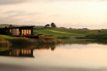Fototapeta premium As the sun sets, the tranquil reflections on the serene lake create a beautiful scene near a contemporary cabin enveloped in lush greenery