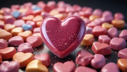 Obraz premium Detailed shot of a single candy heart with a sparkle effect, pastel, candy canes, Valentine's Day
