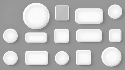 White monochrome 3D button set in different shapes. Blank glossy round, square and rectangle badges. Vector illustration. Generative AI