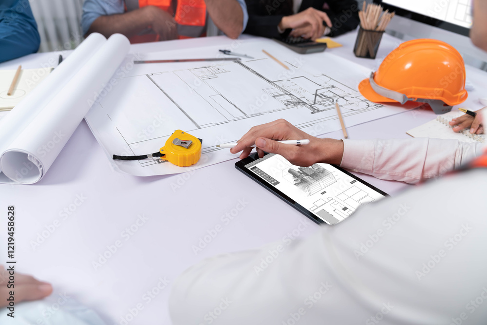 Aufkleber diverse group of civil engineer and client working together on architectural project, reviewing cons