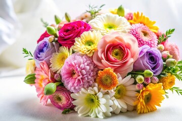 delicate petals unfolding in a bouquet of colorful flowers on a soft white background, color palette, flowers, pastel colors, floral arrangement