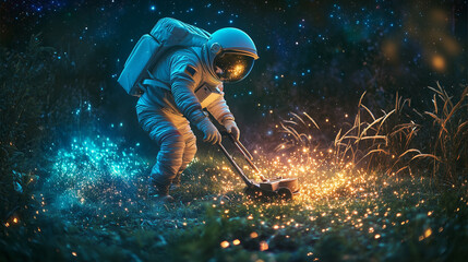 Naklejka premium An astronaut mowing a lawn made of stars, with glowing constellations forming beneath their feet