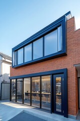 Fototapeta premium Modern architecture showcases a stylish two-story house with large windows and a brick exterior in a serene urban setting during daylight hours