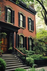 Fototapeta premium A charming vintage brick house adorned with elegant shutters sits gracefully amidst vibrant greenery in a bustling urban neighborhood, basking in the warmth of a sunny afternoon