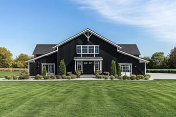 Obraz premium Modern black barn-style house surrounded by lush green lawn on a clear sunny day in a rural area, creating a serene and peaceful atmosphere for relaxation