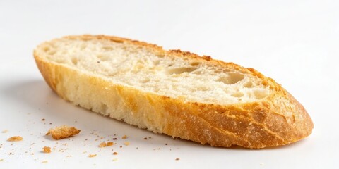 Crunchy baguette slice on a plain white surface, fresh bread, crispy bread, white background