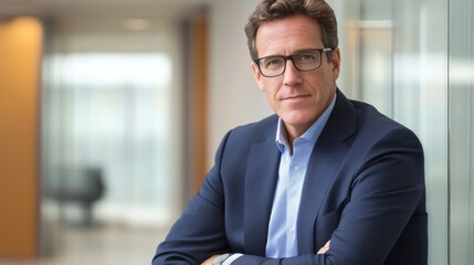 Fototapeta premium Confident businessman with glasses standing in office hallway