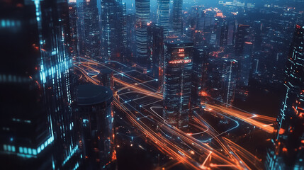 Fototapeta premium Smart digital Innovation city with connection network reciprocity over the twilight cityscape. of future smart wireless digital city and social media networking systems that connects people with city 