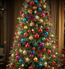 Fototapeta premium Colorful ornaments and garlands on a tall Christmas tree, merry atmosphere, festive decorations