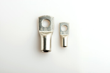 Crimp terminals for electrical wires, tools for electricians. electrical terminals, electrical installation work on white. Connectors for wires.