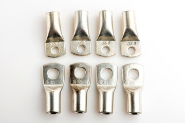 Crimp terminals for electrical wires, tools for electricians. electrical terminals, electrical installation work on white. Connectors for wires.