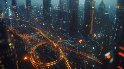 Naklejka premium Smart digital Innovation city with connection network reciprocity over the twilight cityscape. of future smart wireless digital city and social media networking systems that connects people with city 