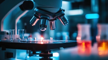 A close-up of a microscope with laboratory equipment, highlighting scientific research.