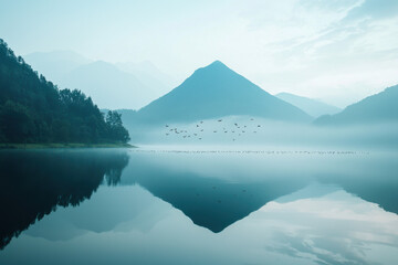 A calm lake reflecting a lush mountain landscape under a bright sky.