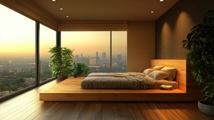 City view bedroom sunrise, wooden bed, calm