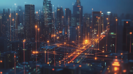 Obraz premium Smart digital Innovation city with connection network reciprocity over the twilight cityscape. of future smart wireless digital city and social media networking systems that connects people with city 