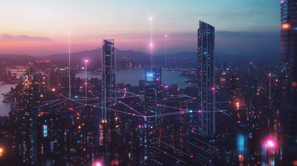 Obraz premium Smart digital Innovation city with connection network reciprocity over the twilight cityscape. of future smart wireless digital city and social media networking systems that connects people with city 