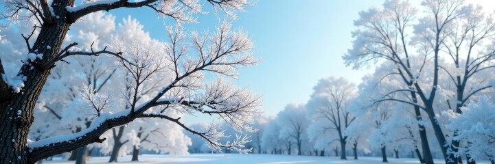 Obraz premium Frosty tree branches, bare limbs stretching towards sky, snow, frost, trees