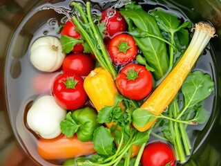 Fresh vegetables splashed with water in a shallow container, salad, carrots, food