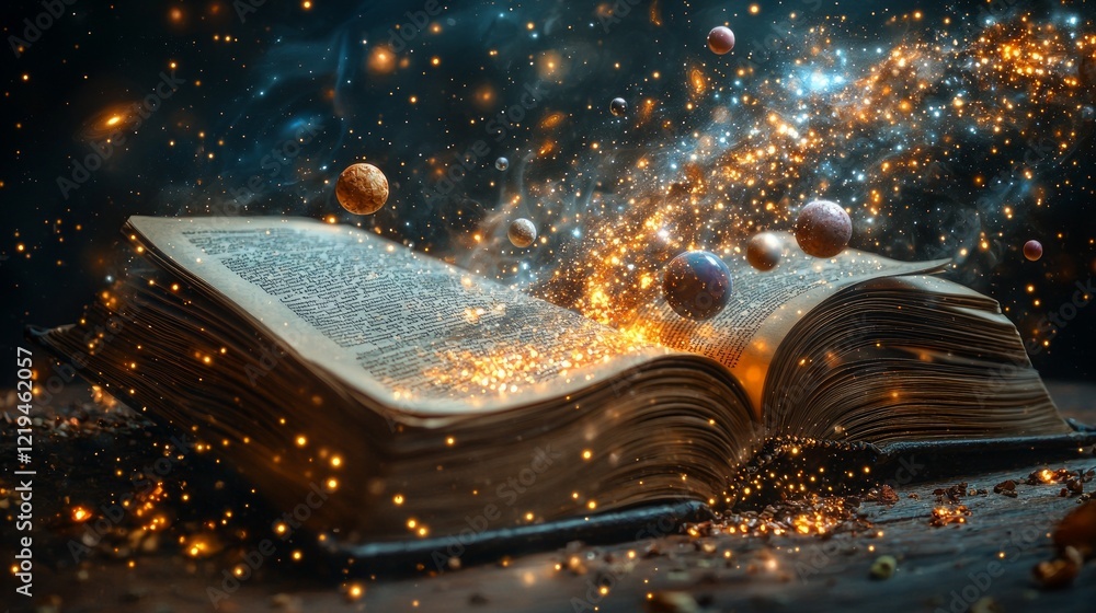 Poster open book sits on table radiating light as galaxies stars and planets flow from its pages into dark 
