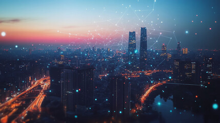 Obraz premium Smart digital Innovation city with connection network reciprocity over the twilight cityscape. of future smart wireless digital city and social media networking systems that connects people with city 