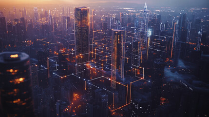 Obraz premium Smart digital Innovation city with connection network reciprocity over the twilight cityscape. of future smart wireless digital city and social media networking systems that connects people with city 