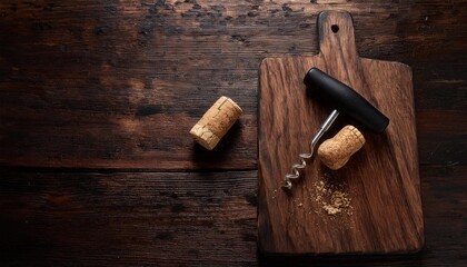 A dark wooden cutting board showcases a used wine cork and a sleek waiter's corkscrew, suggesting a cozy gathering and the enjoyment of fine wine shared among friends