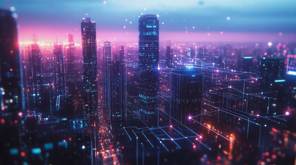 Fototapeta premium Smart digital Innovation city with connection network reciprocity over the twilight cityscape. of future smart wireless digital city and social media networking systems that connects people with city 