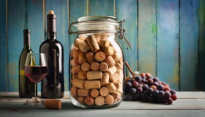 A striking decorative jar filled to the brim with an array of wine corks sits on a rustic table. Surrounding it are wine bottles, a glass of red wine, and fresh grapes, capturing a cozy moment