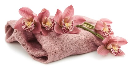Pink Orchids on Dusty Rose Linen Fabric