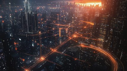 Obraz premium Smart digital Innovation city with connection network reciprocity over the twilight cityscape. of future smart wireless digital city and social media networking systems that connects people with city 
