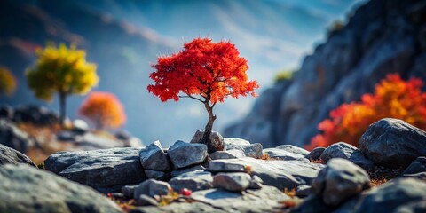 Solitary Red Tree on Rocky Terrain - Miniature Tilt-Shift Landscape Photography