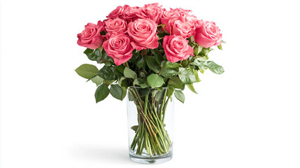 Fototapeta premium A bouquet of fresh roses in a transparent glass vase, captured elegantly on a bright white background.