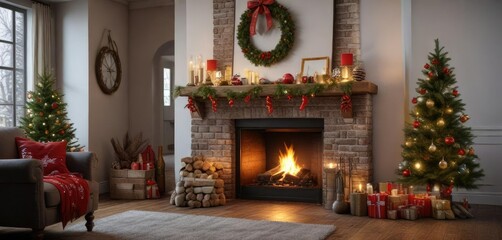Obraz premium Fireplace with festive decorations and stockings hung by the chimney, cozy room, warm lighting