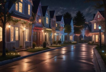 Fototapeta premium Festive neighborhood street lined with twinkling colored lights and decorated houses , outdoor decorations, illuminated streets, holiday decor