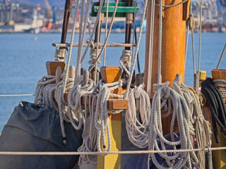 Rope with marine knot on a sailboat. High quality photo