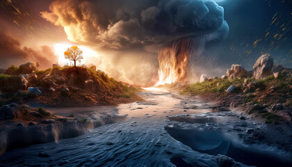 Fototapeta premium Impact of the Most Costly Natural Disaster Reflecting on a Desolate Landscape