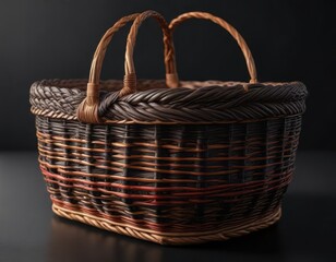 Obraz premium Elegant wicker basket resting on a black surface showcasing its woven weave, woven pattern, natural fiber material