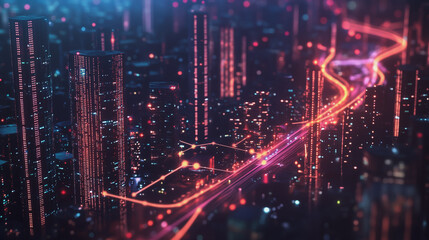 Naklejka premium Smart digital Innovation city with connection network reciprocity over the twilight cityscape. of future smart wireless digital city and social media networking systems that connects people with city 