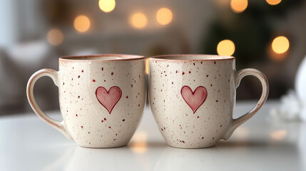 A pair of matching ceramic coffee mugs with romantic designs, perfectly aligned on a white surface.