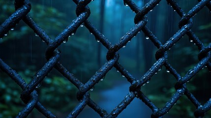 Rainy day, chain link fence, forest path, water droplets