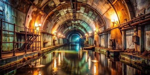 Obraz premium Soviet Cold War Submarine Base: Flooded Subterranean Naval Shelter - Vintage Documentary Photography