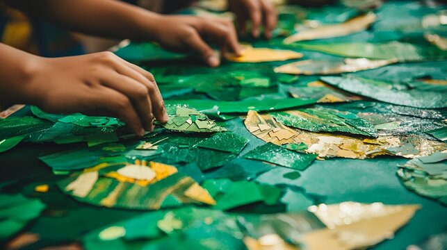 Children creating green art collage