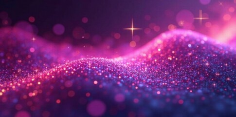 Obraz premium Iridescent sparkling particles suspended in a flowing light wave of deep pink and purple hues, optical effect, light wave