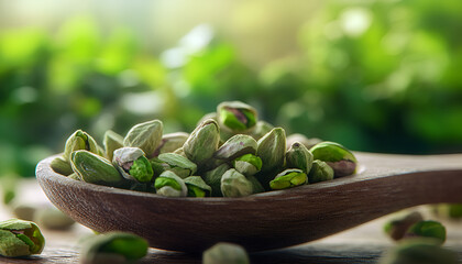 Pistachios in a wooden spoon