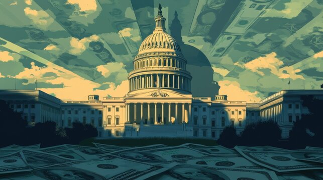 Fiscal policy response, government intervention in economic recession, budget analysis, flat design illustration